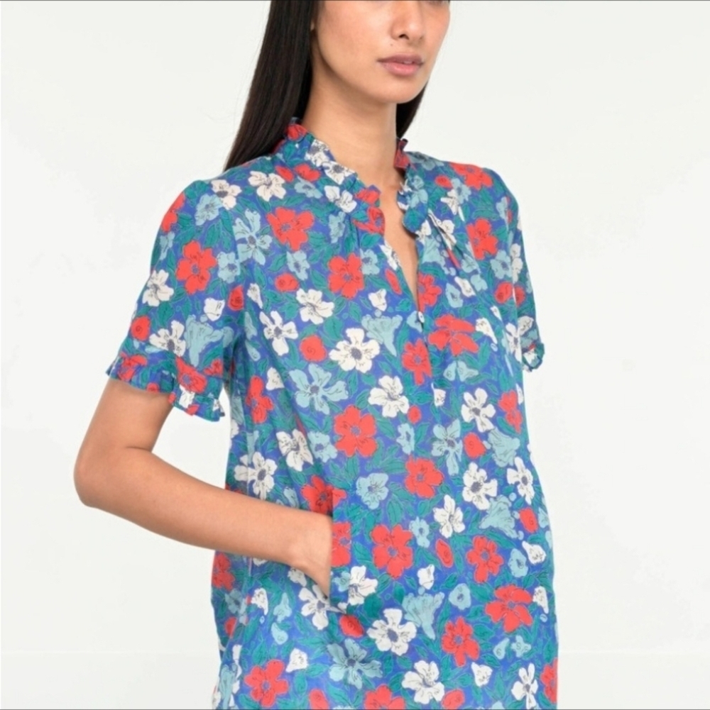 Anthropologie Banjanan Floral Ruffle Trim Blouse With Pockets